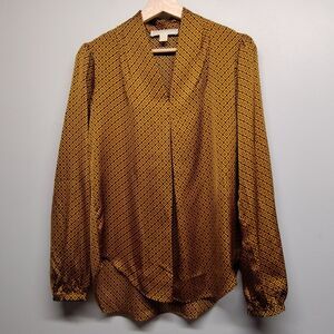 Michael Kors Satin Blouse Top Women Size S Golden Blue Long Sleeve Workwear